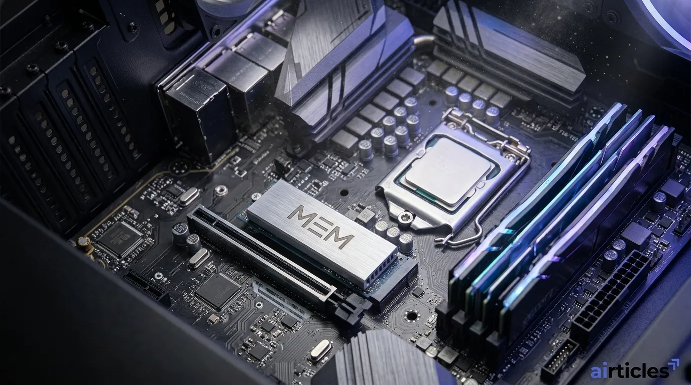 Placa mae de computador com componente rotulado mem sob luz rgb.