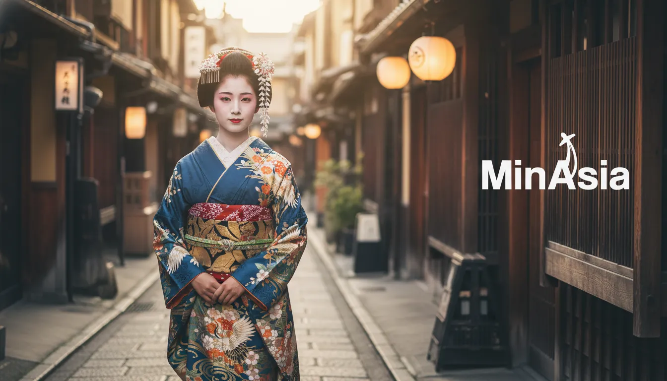 Geisha elegante caminhando por beco tradicional em Gion, Kyoto Japão, ao entardecer. Cultura japonesa autêntica.