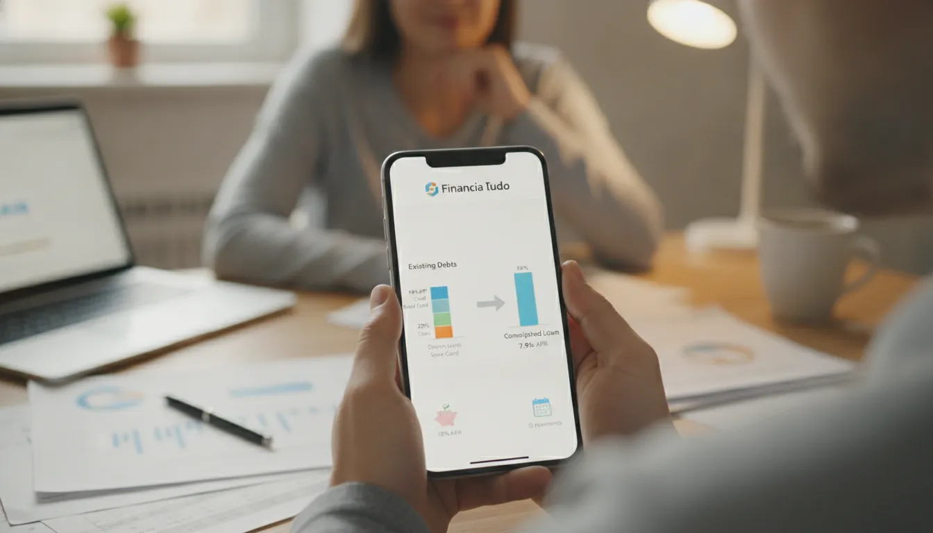 Mãos seguram smartphone com Financia Tudo, comparando dívidas para uma única parcela vantajosa.