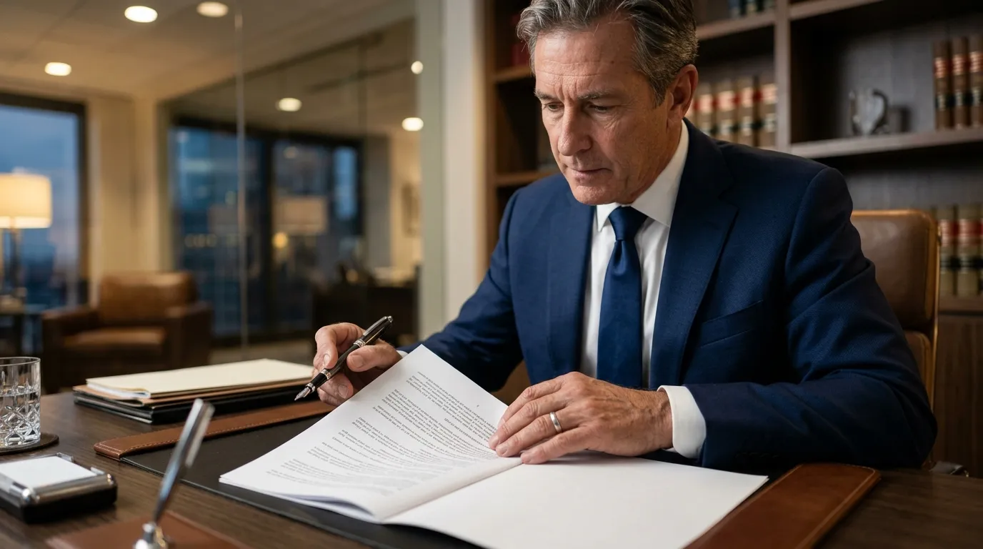 Advogado empresarial realizando análise detalhada de contrato de franquia e riscos jurídicos.