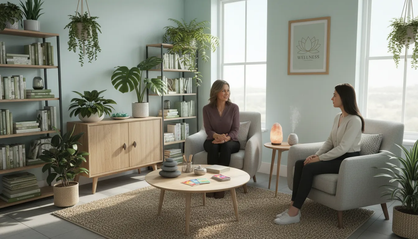 Consultório de terapias integrativas com decoração natural e elementos terapêuticos modernos.