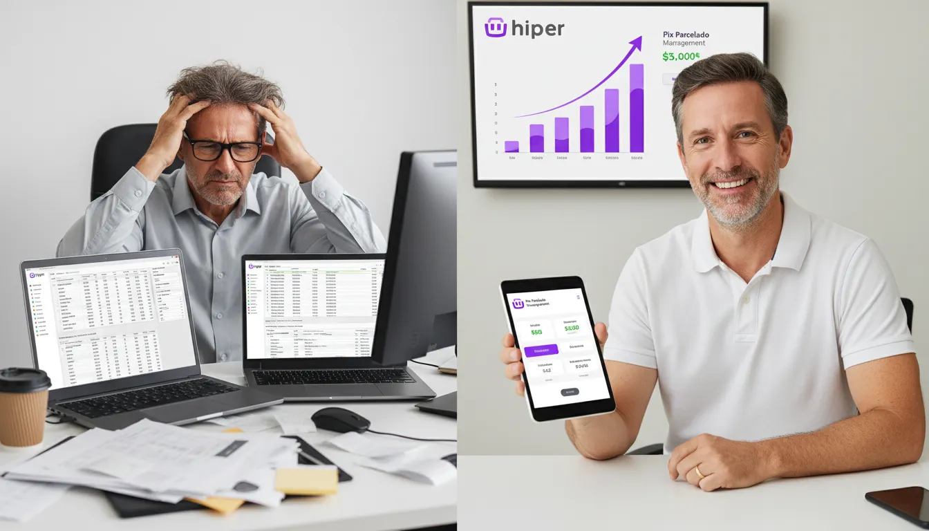 Empresário antes frustrado com software complexo e depois satisfeito com o Hiper, entendendo o pix parcelado como funciona.
