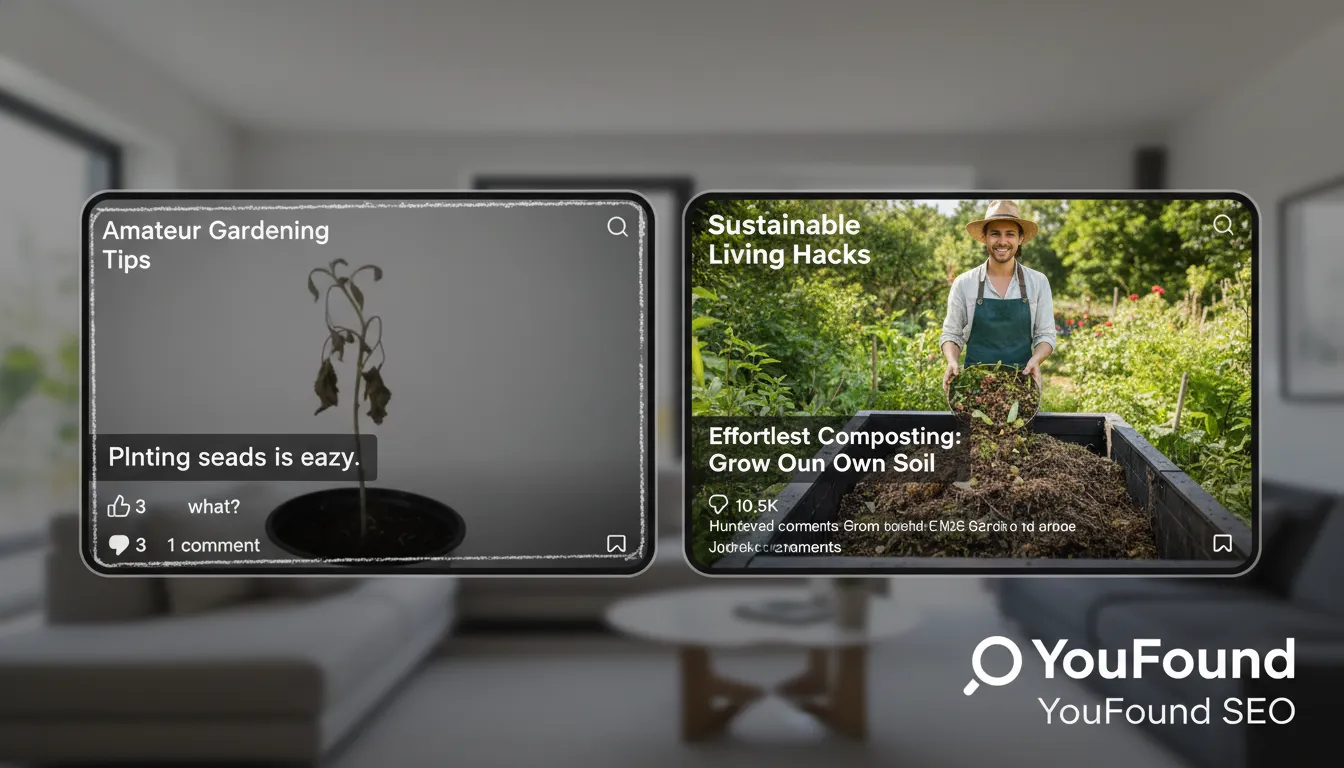 Comparativo entre reels instagram mal produzido e um reel profissional da YouFound, mostrando o impacto do SEO e produção de qualidade.