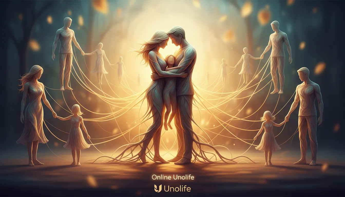 Imagem representando os laços familiares em uma constelação familiar online com a Unolife, destacando as conexões e distâncias emocionais.