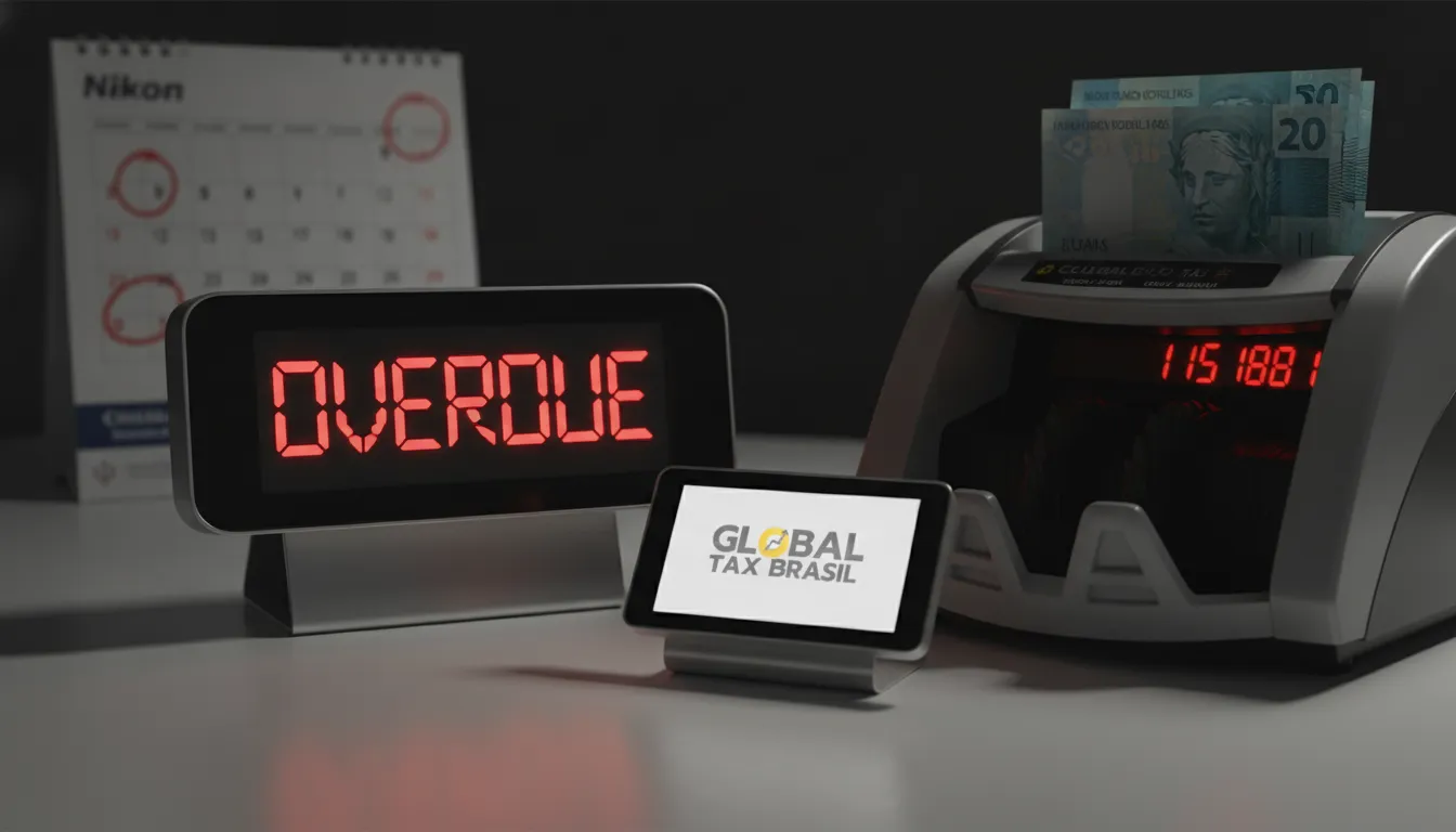 Relógio digital 'ATRASADO' com notas de reais, ilustrando o custo de não regularizar saída fiscal retroativa.
