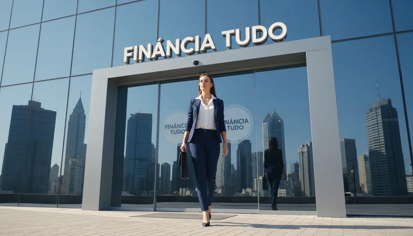 Uma empresária entra em um banco, simbolizando sucesso financeiro após encontrar o melhor banco para empréstimo com a ajuda da Financia Tudo.