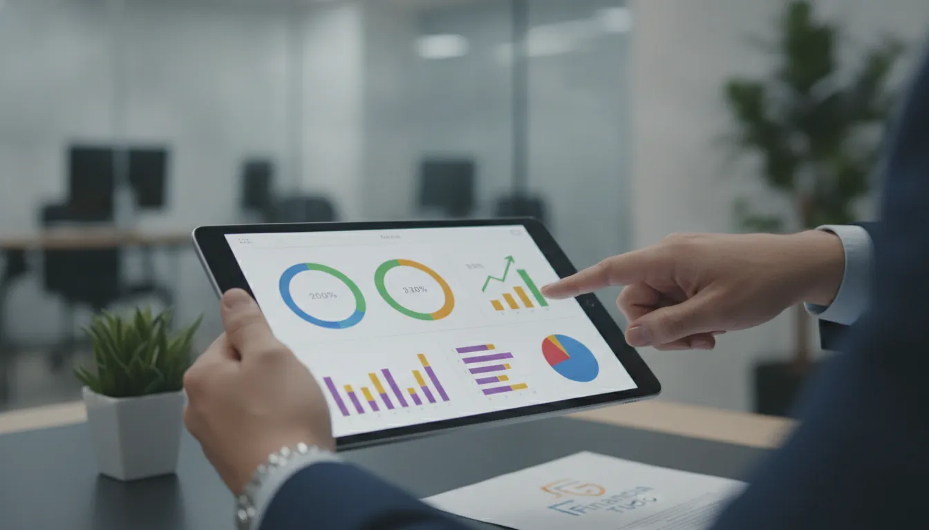 Mãos analisando painel digital para avaliação da saúde financeira, destacando facilidade e dados.