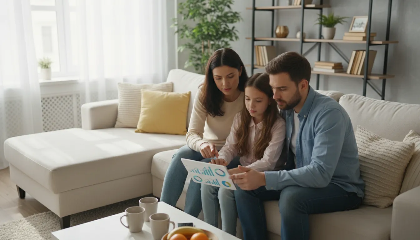 Família reunida no sofá analisando gráficos financeiros em tablet, demonstrando organização e planejamento.