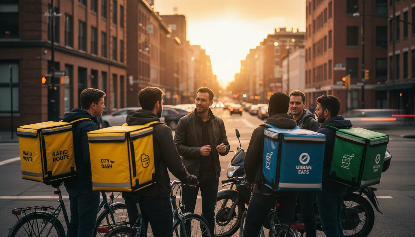 Entregadores de aplicativos reunidos em ponto de encontro na cidade, simbolizando renda extra presencial.