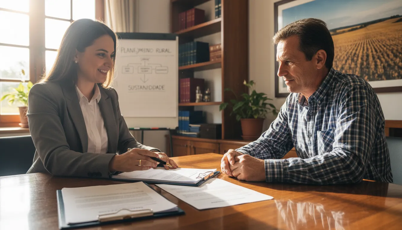 Advogado analisando contratos com produtor rural, representando apoio jurídico para saúde financeira agrícola.