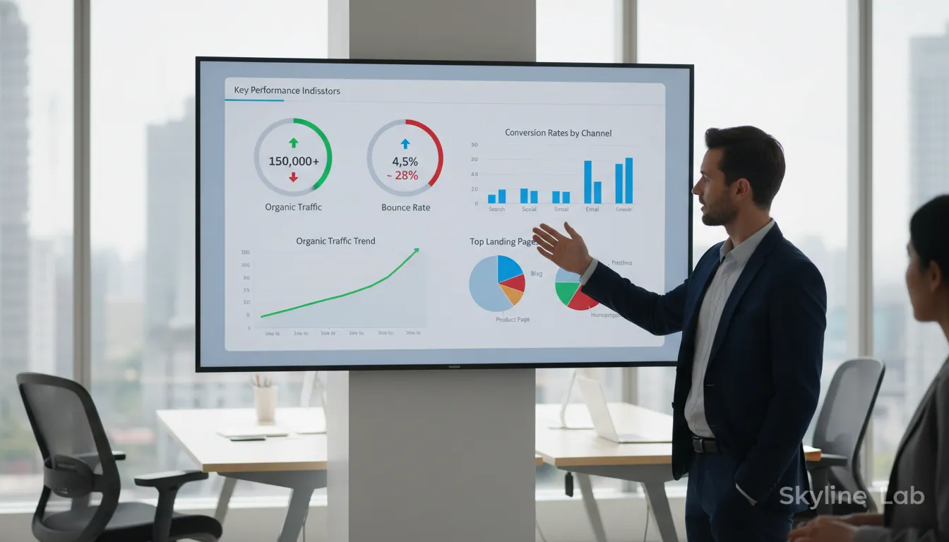 Dashboard exibindo KPIs de um siteinstitucional, como tráfego orgânico e taxas de conversão, evidenciando a importância de dados.