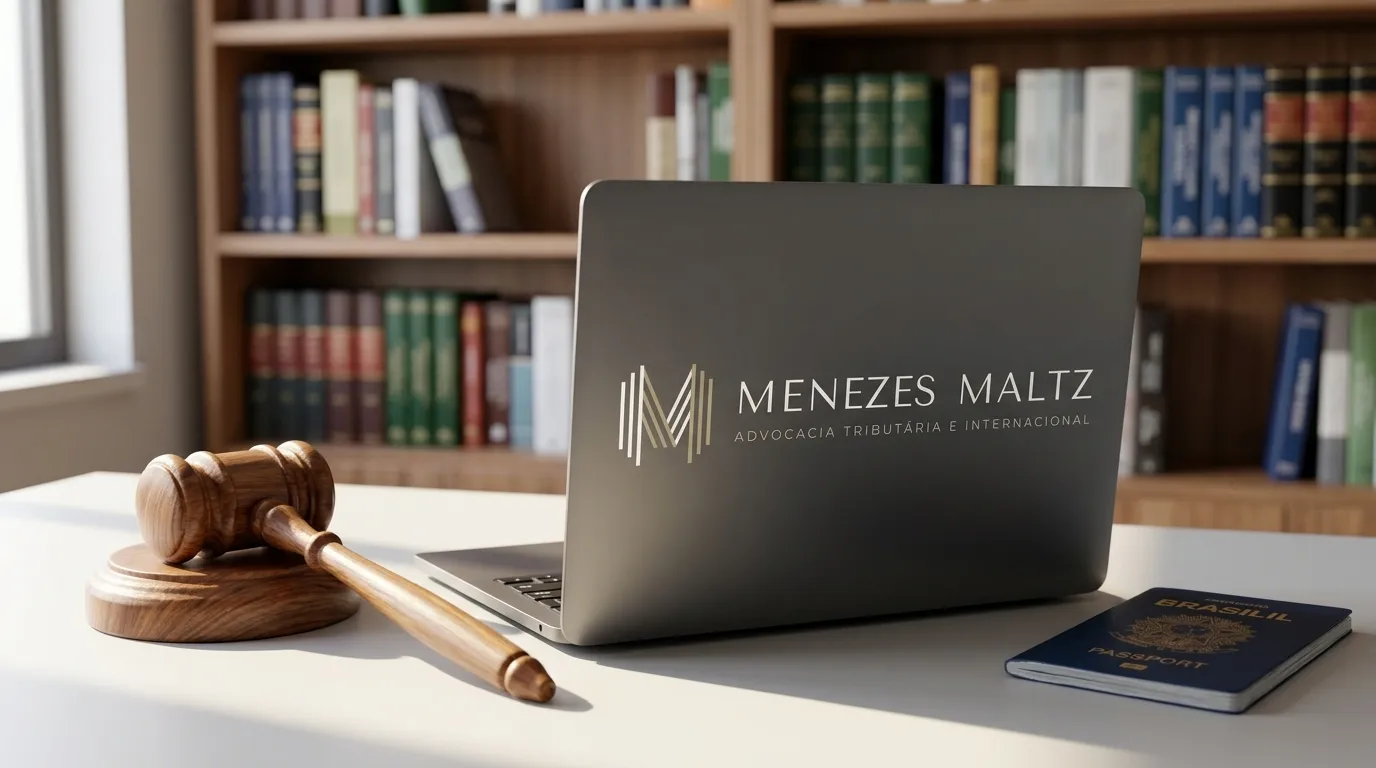 Passaporte e martelo de juiz simbolizam leis de dupla residência fiscal.