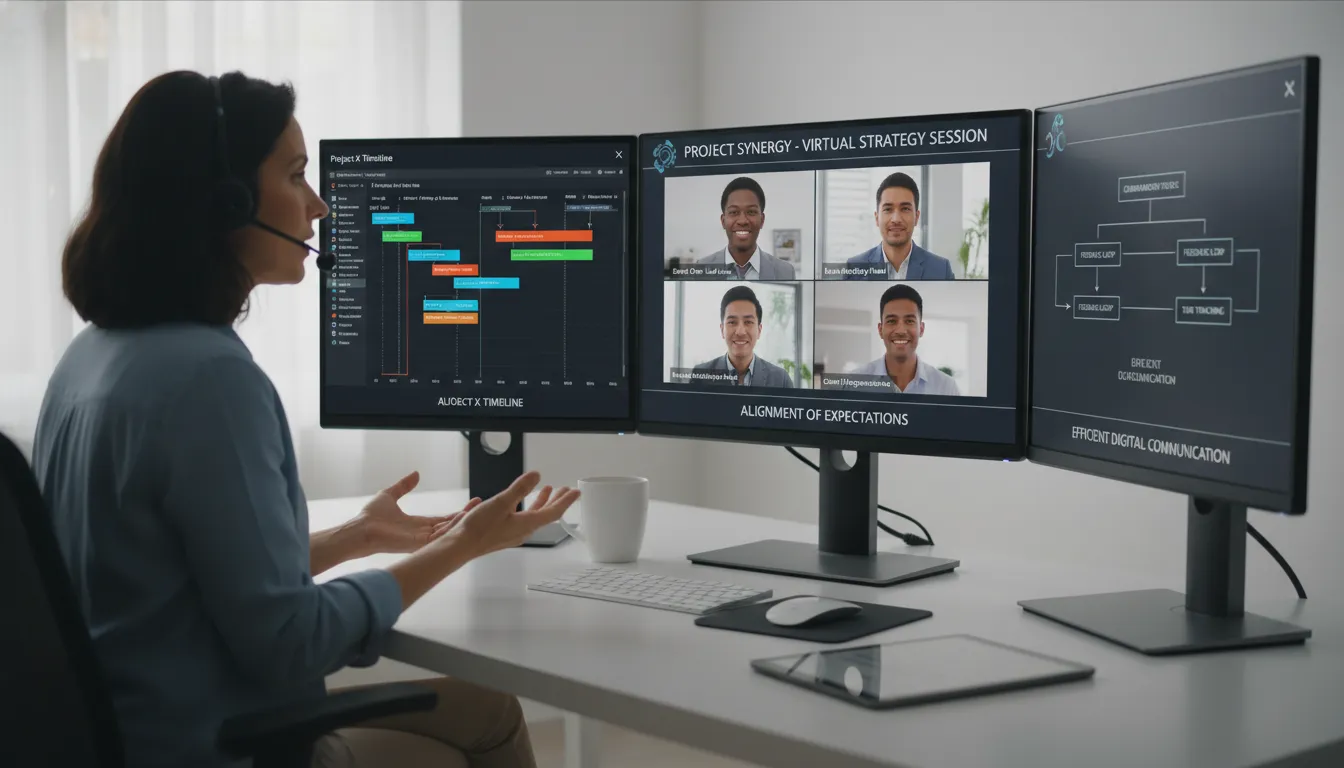 Gestora conduzindo reunião virtual para alinhar expectativas de stakeholders em projeto digital