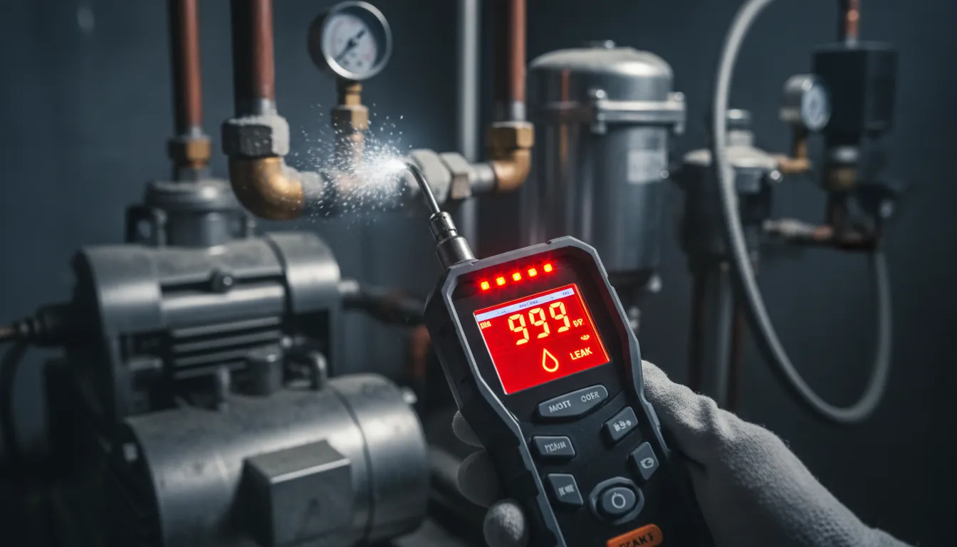 Close-up de um detector de vazamento de gás refrigerante indicando um vazamento em tubulação industrial, crucial para manutenção.