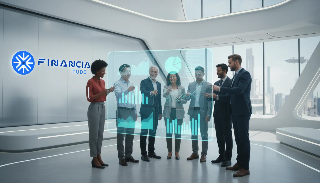 Grupo diverso discutindo gráficos financeiros em projeção holográfica, representando educação financeira crédito.