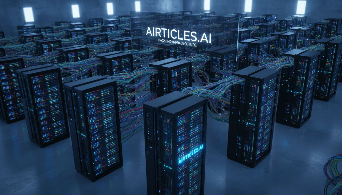 Infraestrutura de servidores poderosa que realiza seo site testing, representada em uma visão aérea de um data center moderno e eficiente.