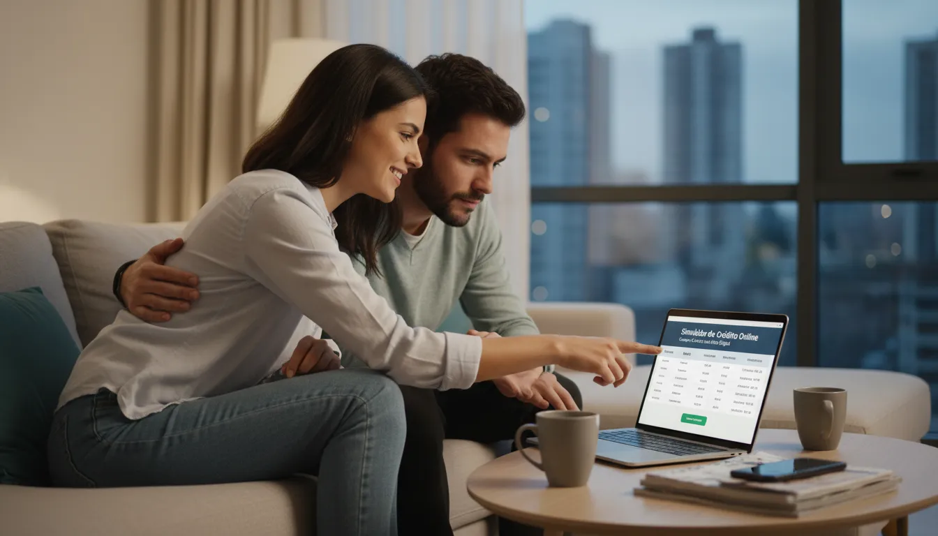 Casal simula crédito online pelo notebook, analisando opções de bancos digitais com confiança e praticidade.