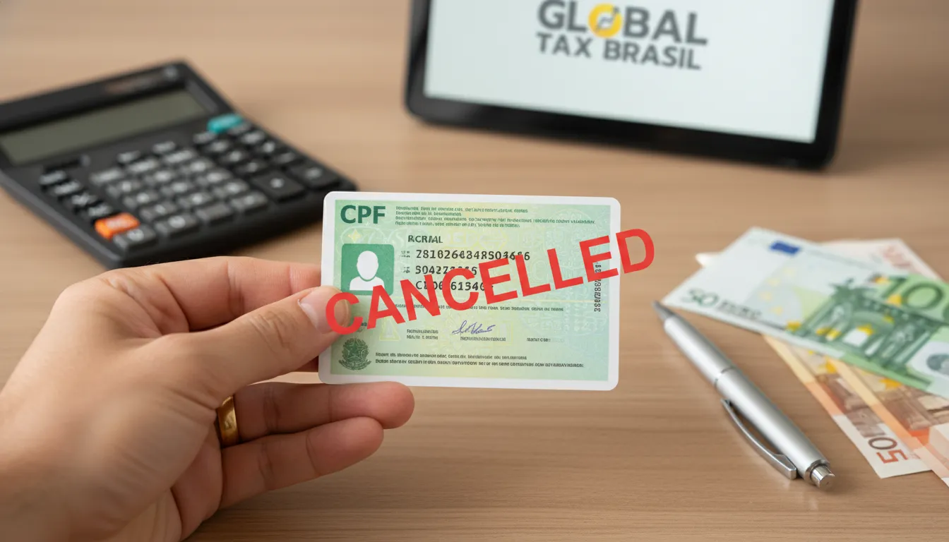 Detalhe de um CPF cancelado após saída fiscal, com documentos financeiros e moeda estrangeira ao fundo.
