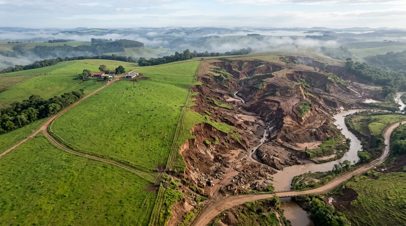 Vista aérea revela estragos e desafios agricultura gaúcha diante de chuvas intensas.