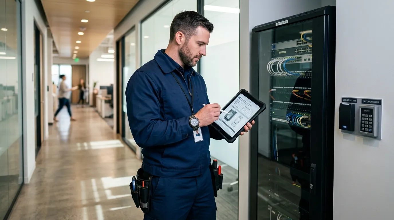 Técnico consultando modelo de ordem de serviço digital em tablet durante atendimento