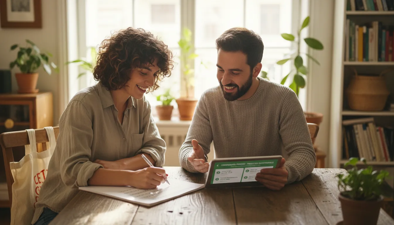 Família planejando compras juntos, usando lista e tecnologia para evitar compras impulsivas.