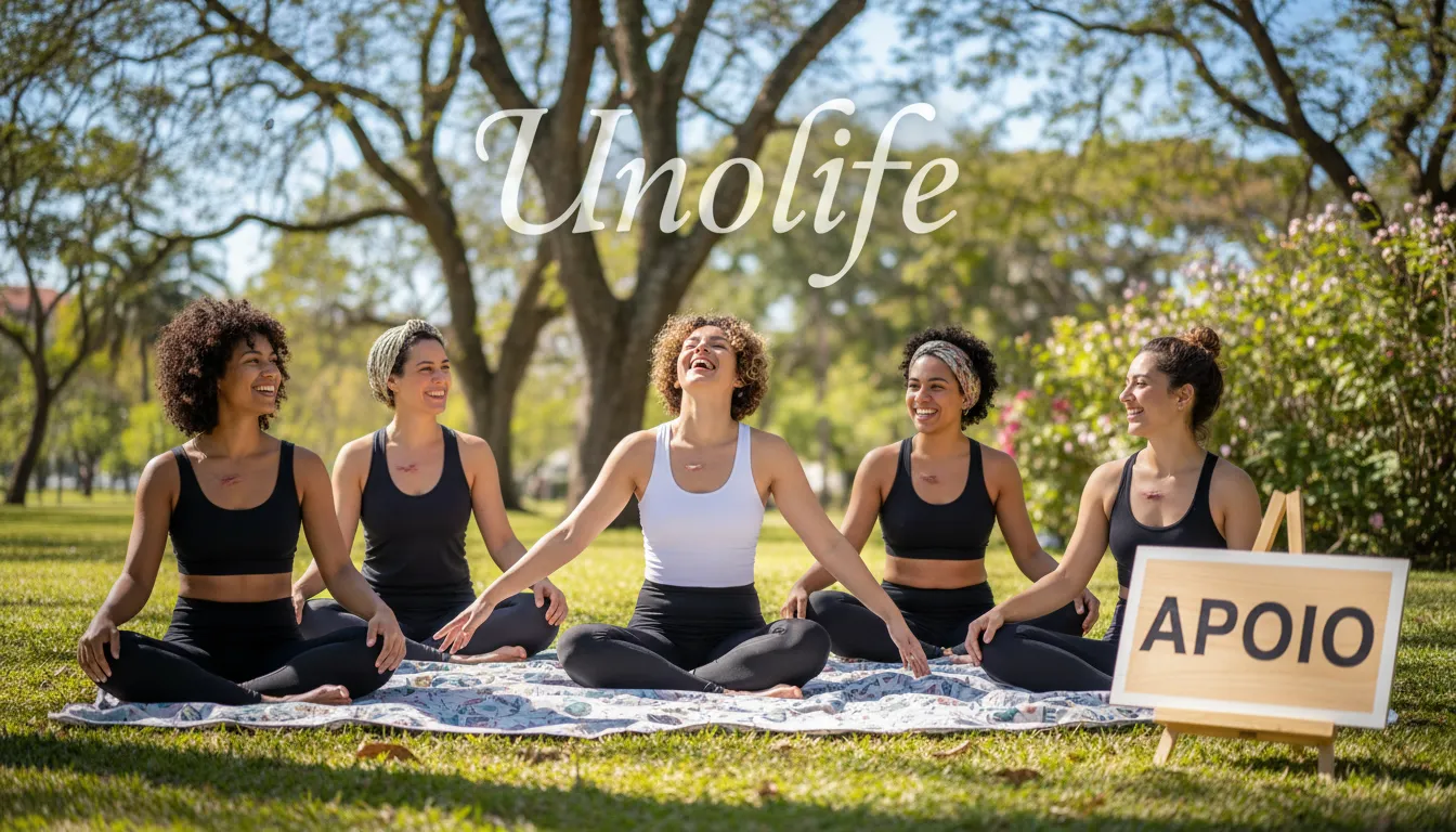 Grupo de mulheres sobreviventes de câncer de mama se apoiando mutuamente em um parque. Unolife promove a importância da comunidade no tratamento.