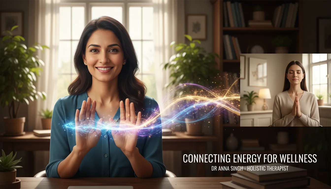 Terapeuta de Reiki online transmitindo energia a distância usando videoconferência em ambiente tranquilo.