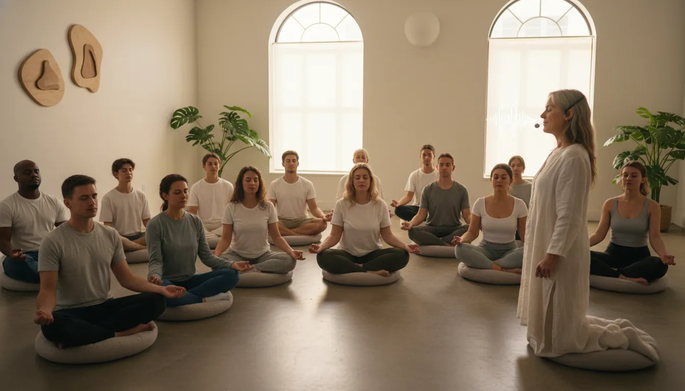 Grupo diverso participando de sessão de meditação guiada em estúdio iluminado, buscando bem-estar.