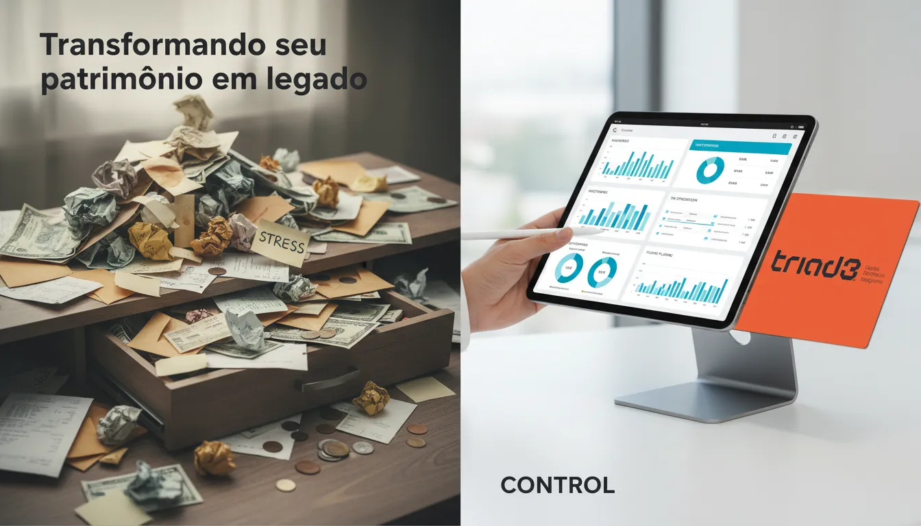 Comparativo visual: desorganização financeira vs. organização para otimizar o imposto de renda.