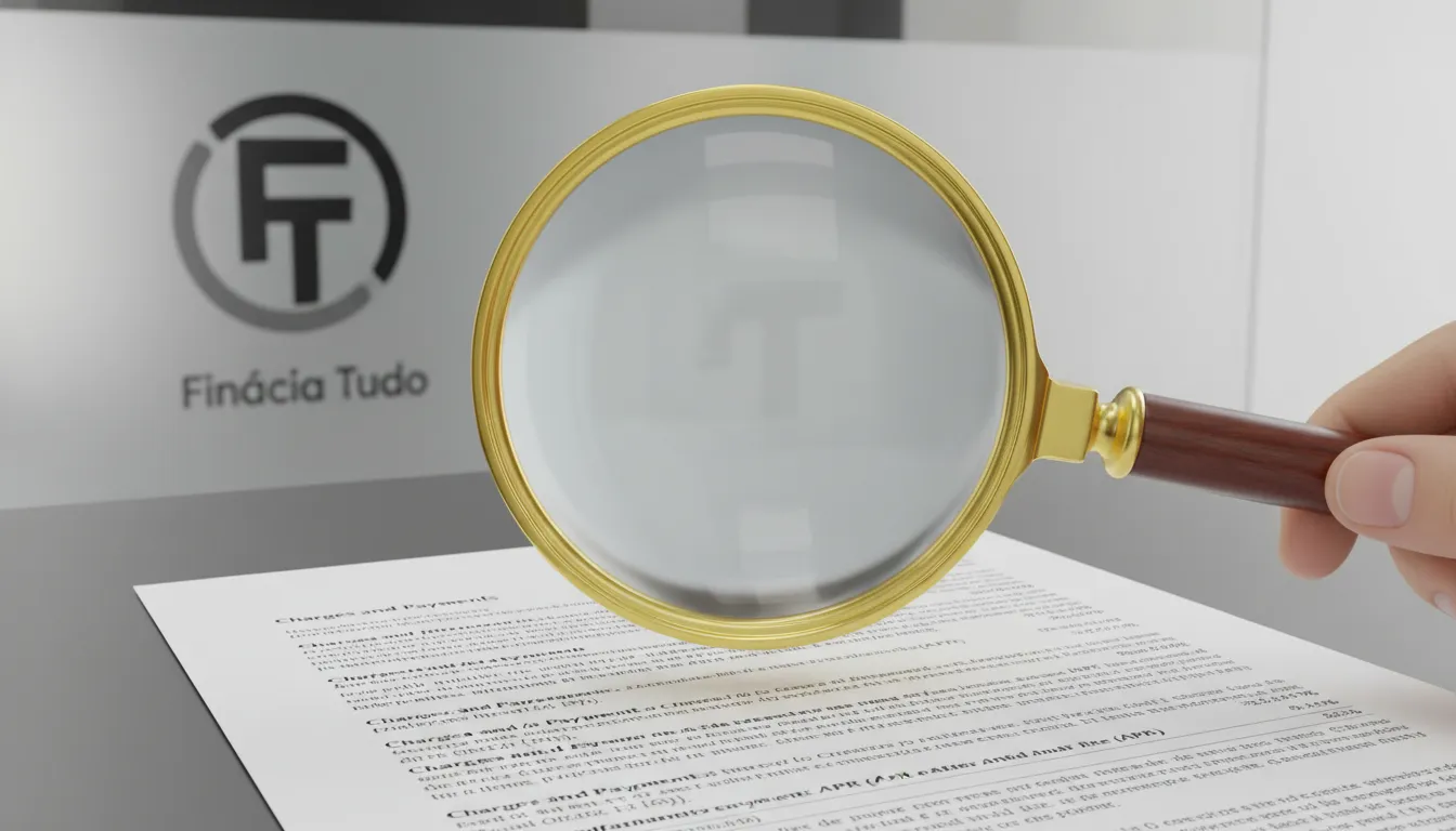 Lupa examinando contrato de crédito, com foco nos detalhes do Custo Efetivo Total (CET) e taxas.