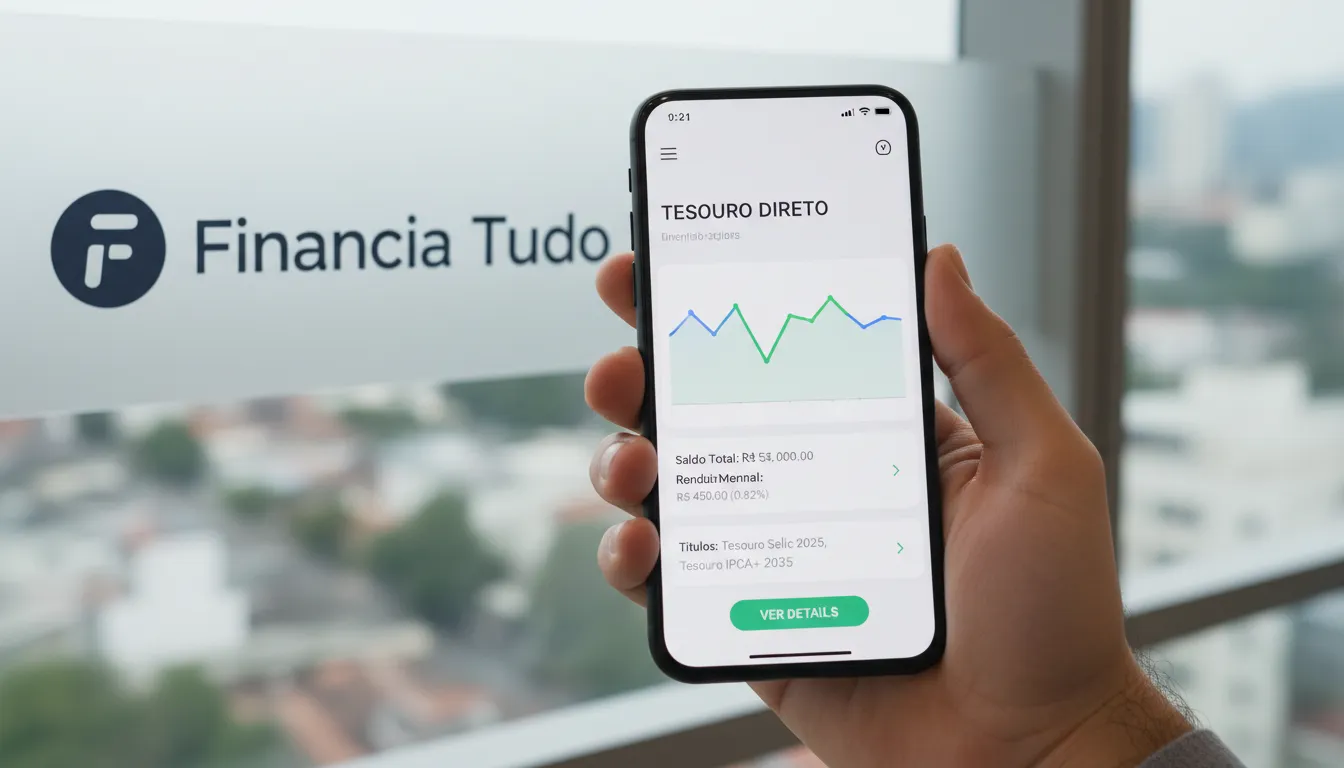 Visualização de um smartphone mostrando o acompanhamento de investimentos em tesouro direto através de um aplicativo, com a marca Financia Tudo ao fundo.