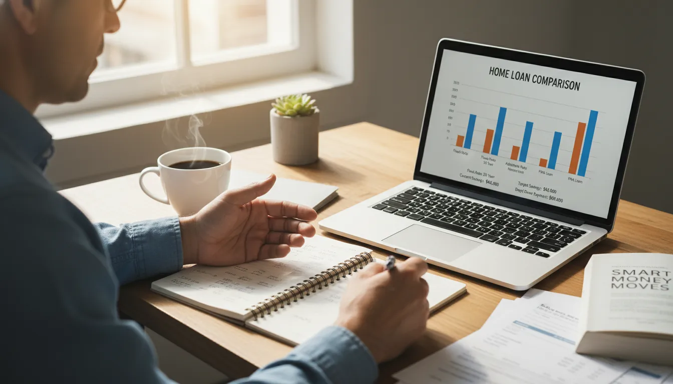 Pessoa comparando opções de empréstimo pessoal e organizando planejamento financeiro em casa.