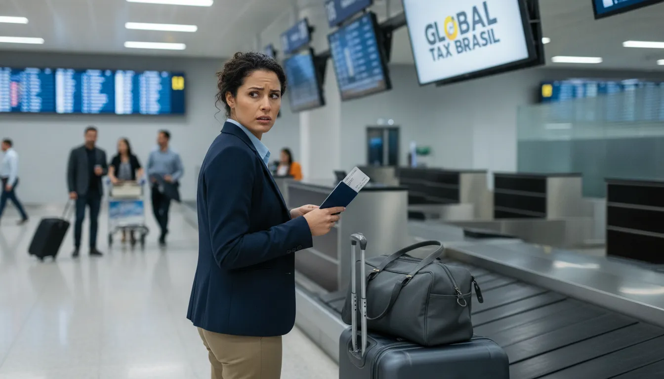 Pessoa preocupada em aeroporto, pensando na declaração de saída definitiva e imposto de renda ao sair do Brasil.