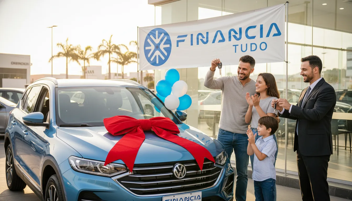 Família celebra a conquista do carro novo após planejar o financiamento de veículos com menores juros.