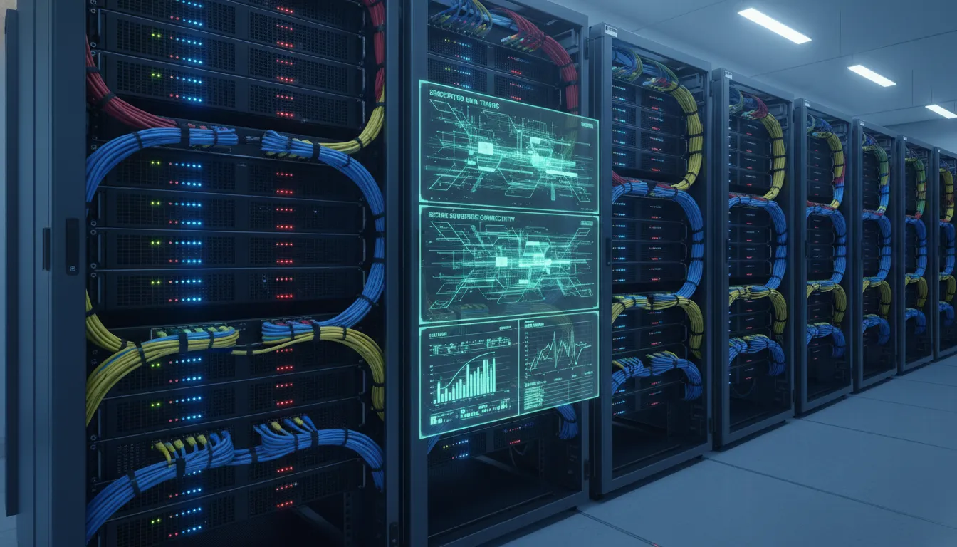 Datacenter com servidores e cabos, monitorando dados criptografados para conectividade segura empresarial
