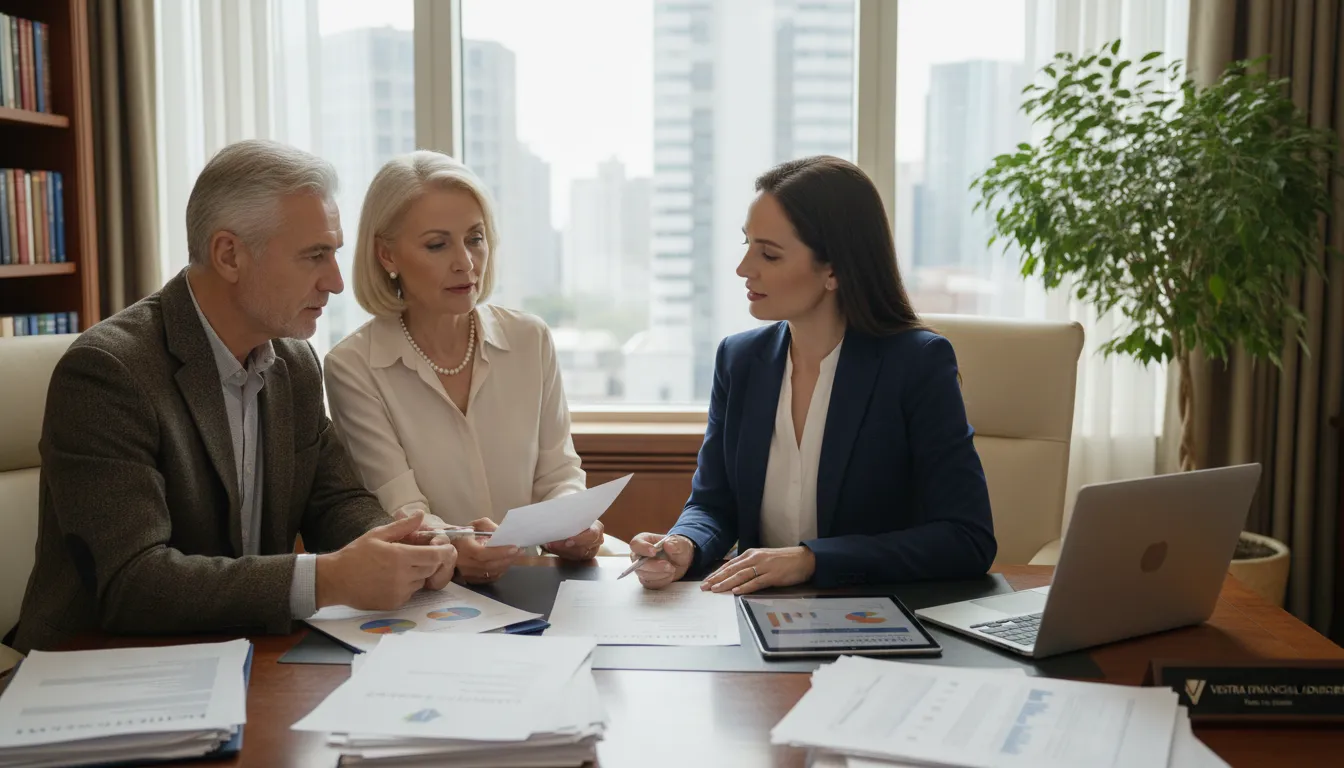 Consultora apresenta alternativas de crédito com garantia de imóvel a casal maduro em escritório sofisticado.