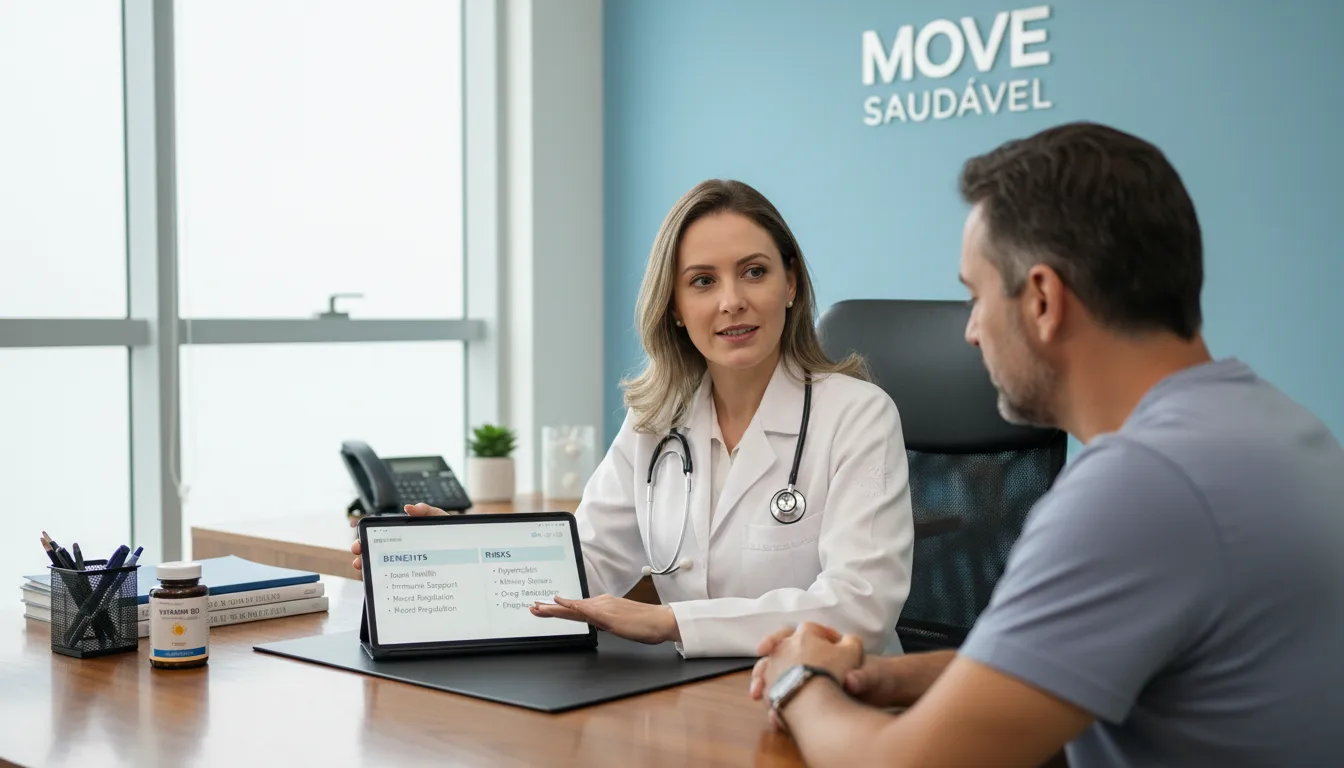 Consulta médica sobre suplementação de vitamina D, mostrando os benefícios e riscos com um médico explicando ao paciente, auxiliando a entender quando suplementar vitamina d.