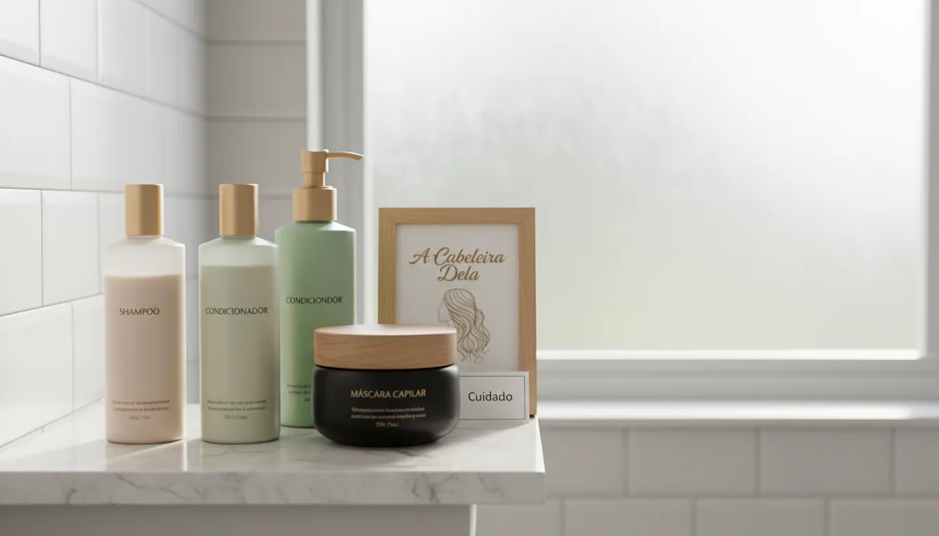 Variedade de produtos para a lavagem correta do cabelo (shampoo, condicionador e máscara) dispostos em prateleira, com foco nas texturas.