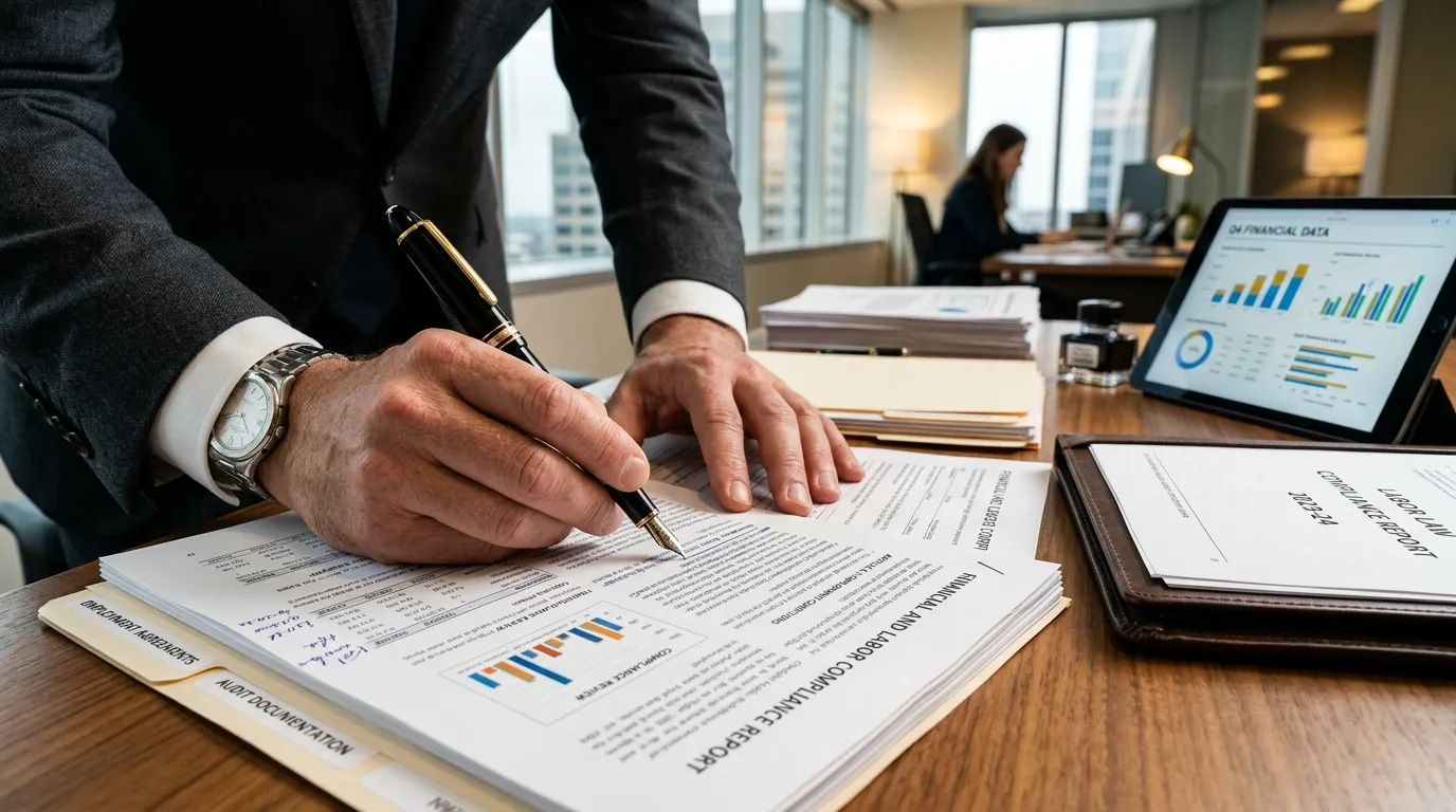 Análise minuciosa de documentos em auditoria de due diligence trabalhista preventiva.