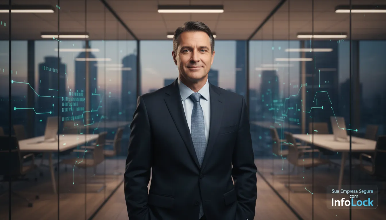 Executivo confiante em escritório moderno, simbolizando a tranquilidade e segurança da empresa com a proteção de dados RIPD LGPD.