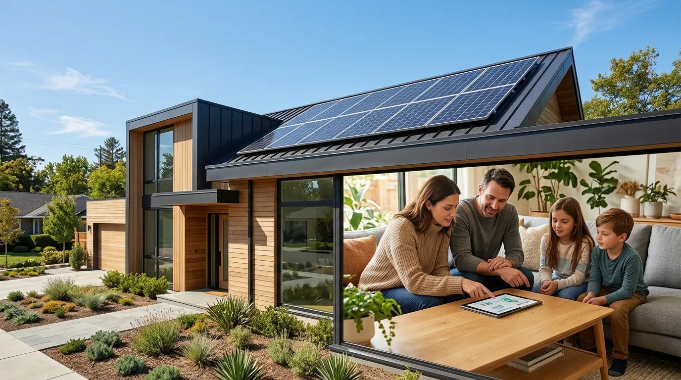 Família planejando economia com contrato de energia solar por assinatura para residência.