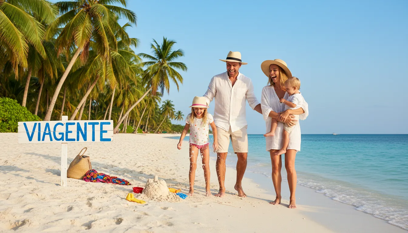 Família relaxando em uma praia tropical após a resolução de um problema de overbooking, graças ao suporte da Viagente.