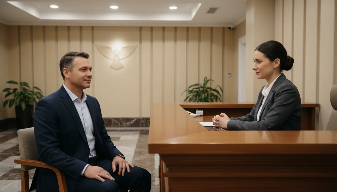 Homem adulto em uma entrevista tranquila e profissional para solicitar o visto americano em um consulado, com confiança.