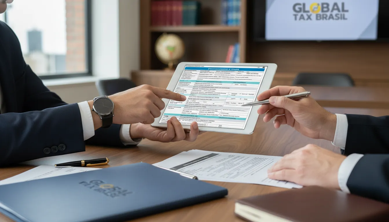 Mãos de um especialista e cliente revisando a complexidade da saída fiscal definitiva do Brasil, garantindo conformidade e otimização.