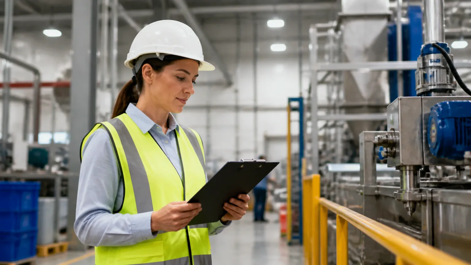 Inspetor técnico realizando inspeção presencial para auditoria social em fábrica.