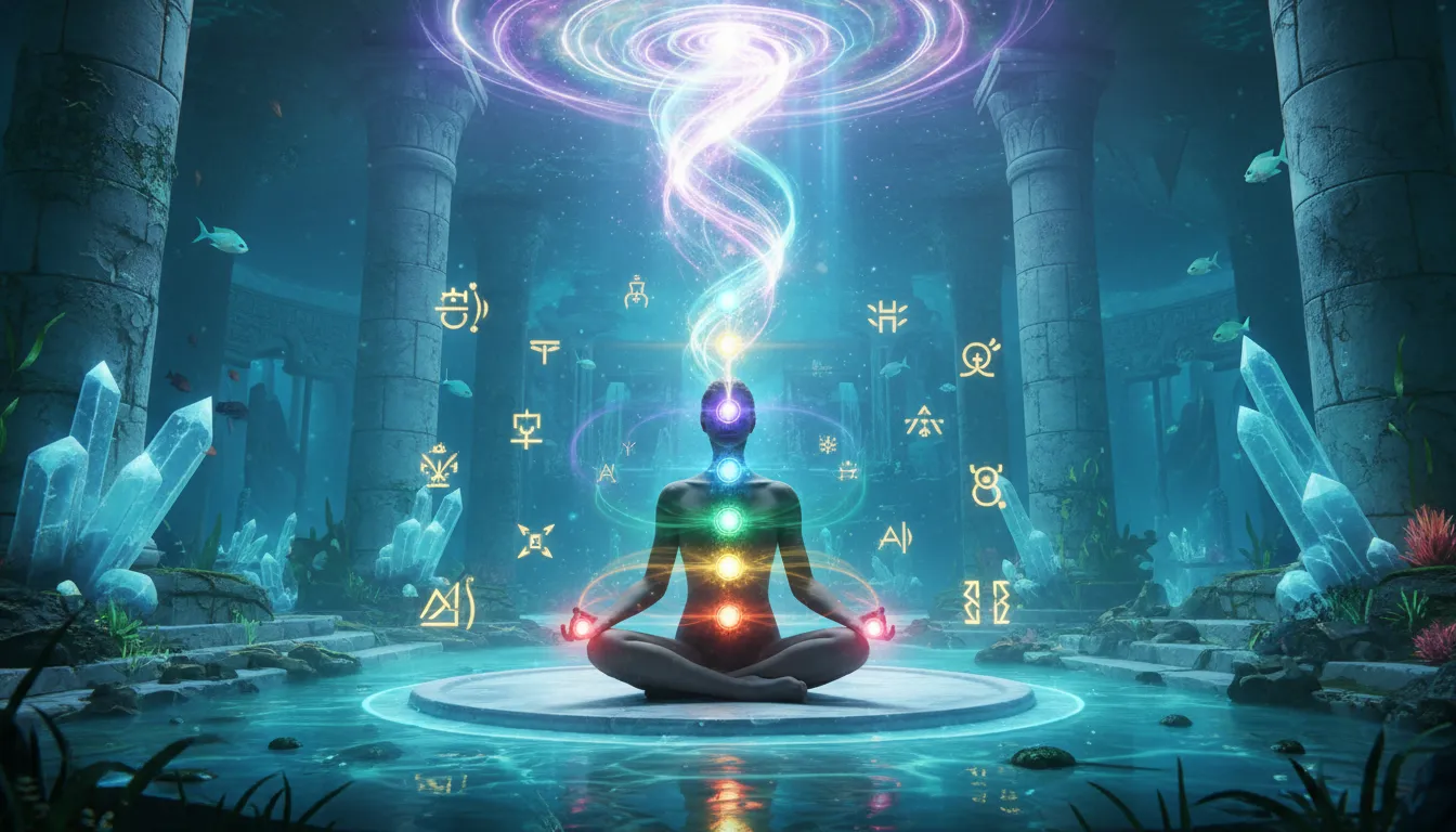 Ilustração vibrante da energia fluindo pelos chakras durante Atlantis Power Care, representando o equilíbrio energético da terapiaquantica e cura.
