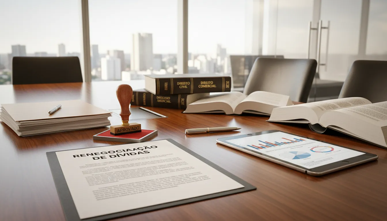 Documentos jurídicos e livros de direito representando suporte jurídico na negociação de débitos