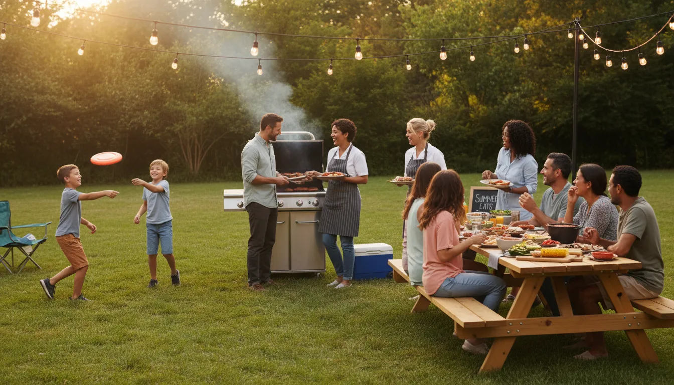 Neighbours and families gather for a summer barbecue, sharing food and conversation in a colourful backyard.