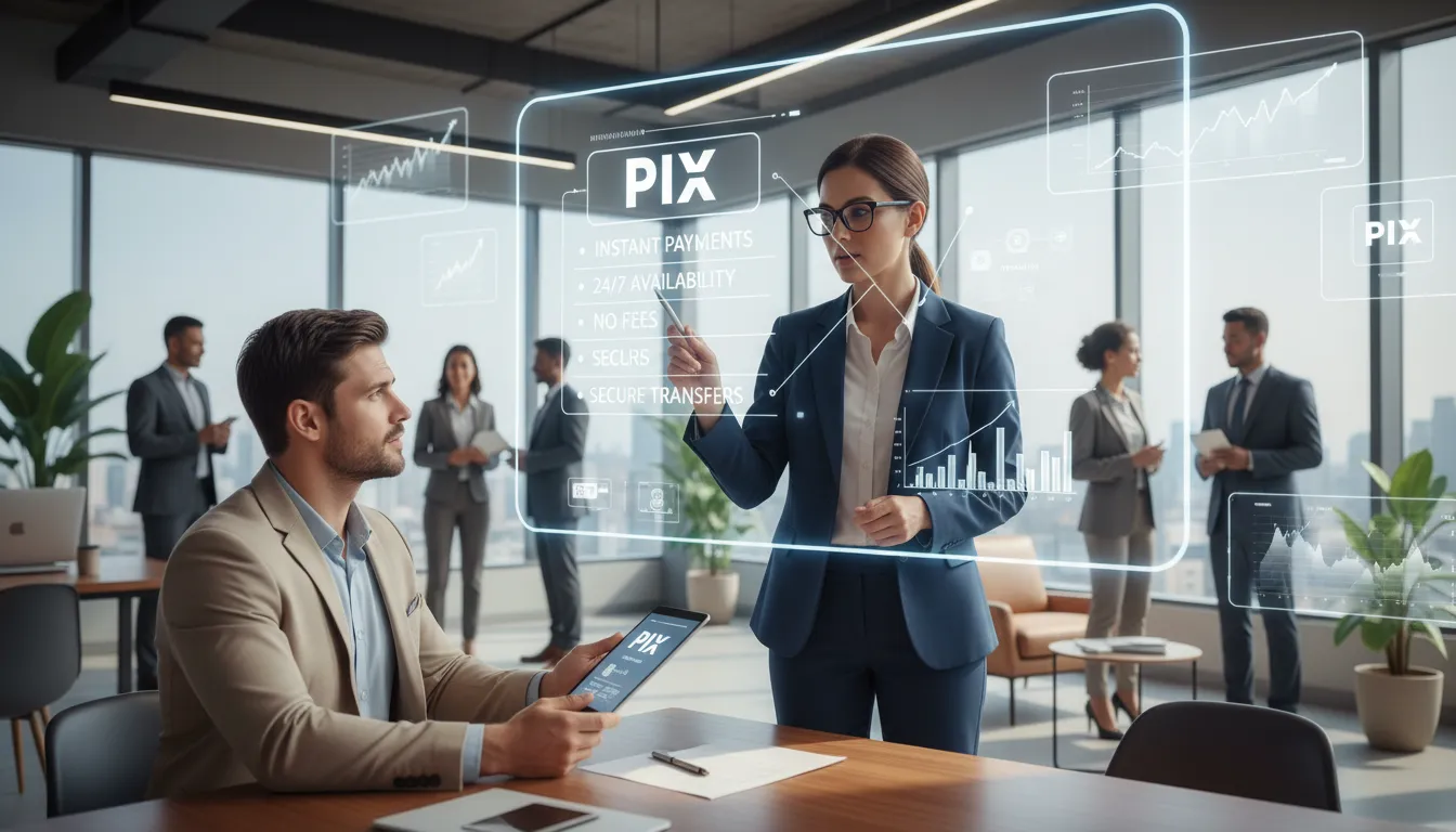 Especialista financeiro explica vantagens do Pix a cliente em escritório moderno, promovendo educação financeira.