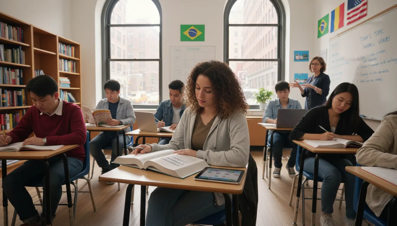Brazilian student learning English in an American classroom with multicultural peers
